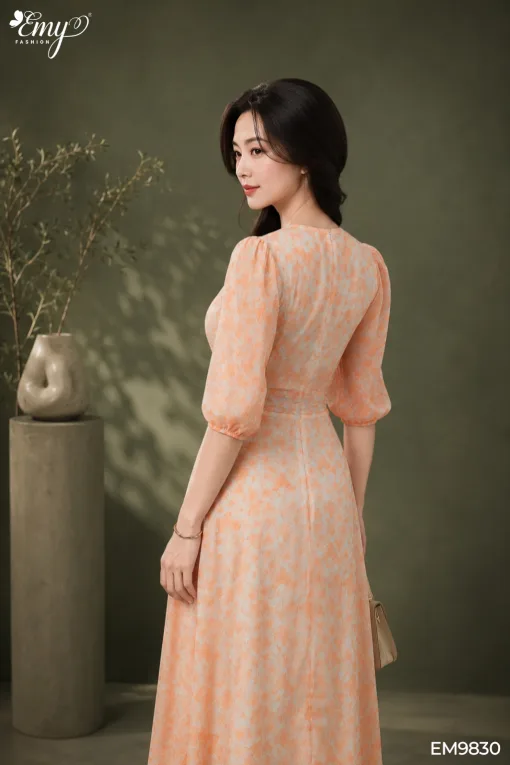 EM9830 Đầm Maxi Voan Tơ Hoa Cam Tay Lỡ