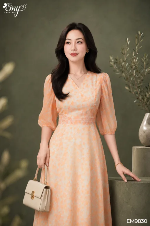 EM9830 Đầm Maxi Voan Tơ Hoa Cam Tay Lỡ