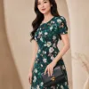 EM9511 Đầm Xoè Lụa Xanh HT Hoa