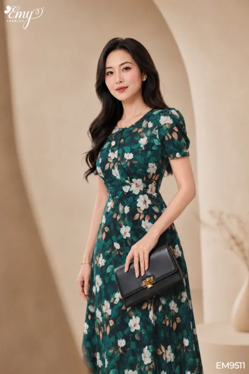 EM9511 Đầm Xoè Lụa Xanh HT Hoa