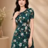 EM9511 Đầm Xoè Lụa Xanh HT Hoa