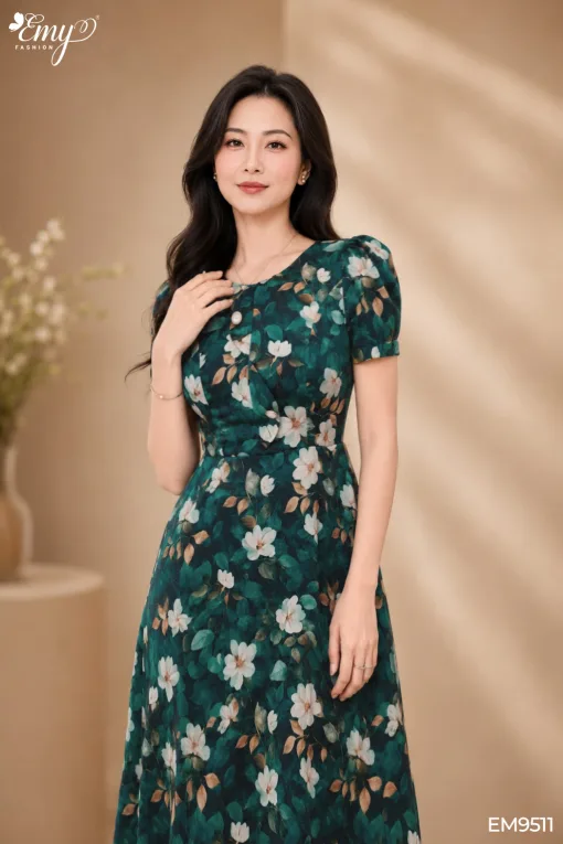 EM9511 Đầm Xoè Lụa Xanh HT Hoa