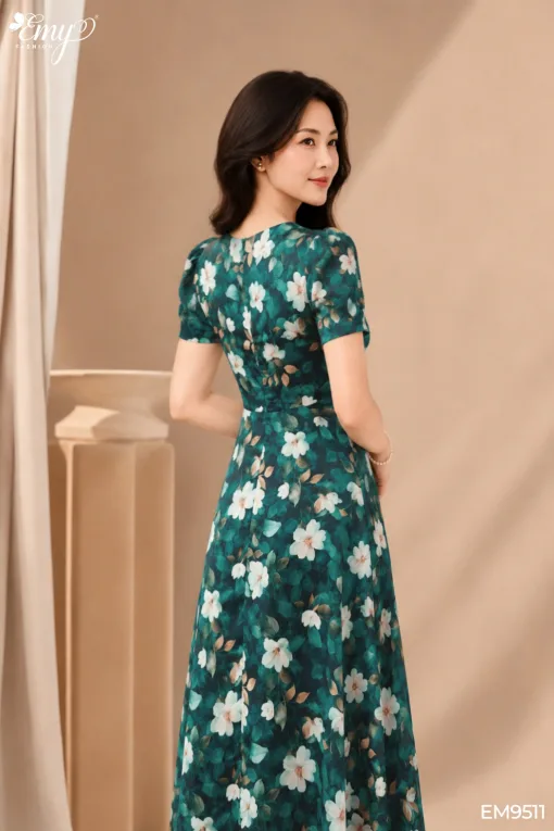 EM9511 Đầm Xoè Lụa Xanh HT Hoa