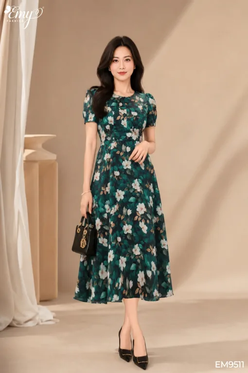 EM9511 Đầm Xoè Lụa Xanh HT Hoa