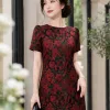EM9607 Đầm Suông Gấm Hoa Đỏ