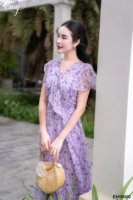 Đầm xòe dạo phố voan hoa tím EM9680