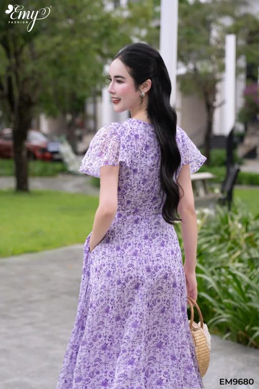 Đầm xòe dạo phố voan hoa tím EM9680