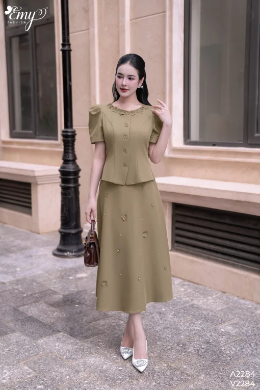 Set Áo Kết Hoa + Chân Váy A Dự tiệc EM2284