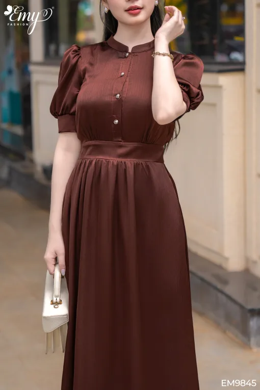 EM9845 Đầm Xòe Tơ Gân Đỏ Rượu Tay Phồng