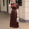 EM9845 Đầm Xòe Tơ Gân Đỏ Rượu Tay Phồng