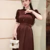EM9845 Đầm Xòe Tơ Gân Đỏ Rượu Tay Phồng