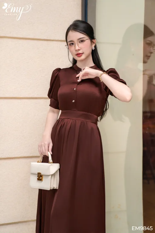 EM9845 Đầm Xòe Tơ Gân Đỏ Rượu Tay Phồng