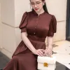 EM9845 Đầm Xòe Tơ Gân Đỏ Rượu Tay Phồng