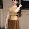 EM9846 Đầm Xoè Chiffon Phối Ren Hoa Nâu