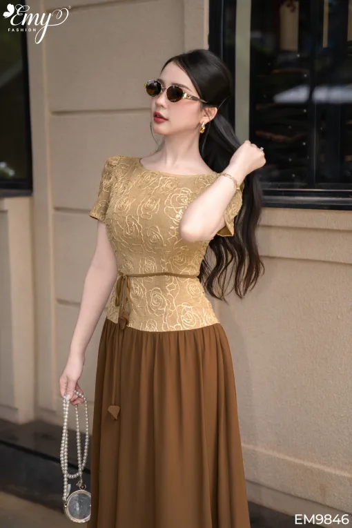 EM9846 Đầm Xoè Chiffon Phối Ren Hoa Nâu