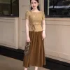 EM9846 Đầm Xoè Chiffon Phối Ren Hoa Nâu