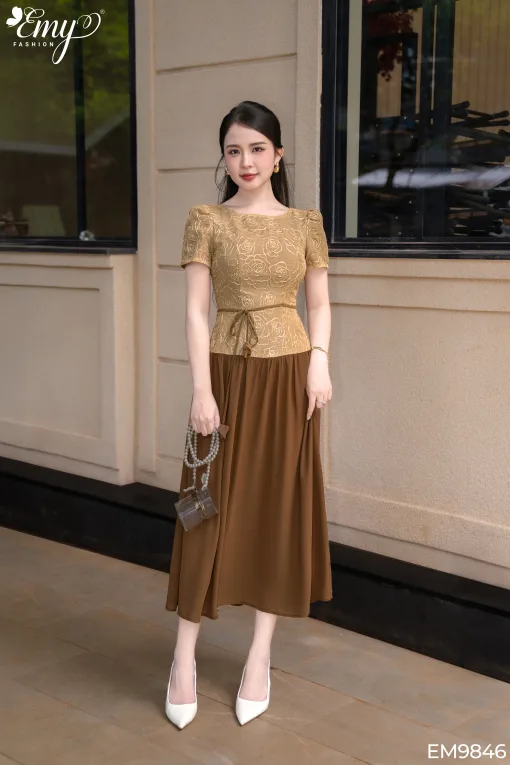 EM9846 Đầm Xoè Chiffon Phối Ren Hoa Nâu