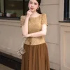 EM9846 Đầm Xoè Chiffon Phối Ren Hoa Nâu