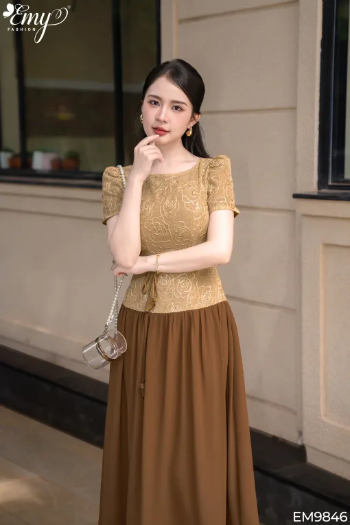 EM9846 Đầm Xoè Chiffon Phối Ren Hoa Nâu