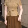 EM9846 Đầm Xoè Chiffon Phối Ren Hoa Nâu