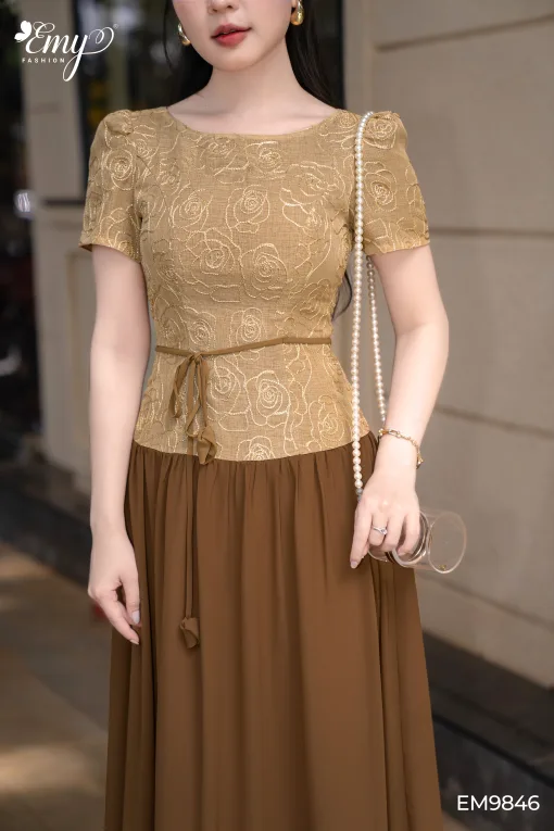 EM9846 Đầm Xoè Chiffon Phối Ren Hoa Nâu