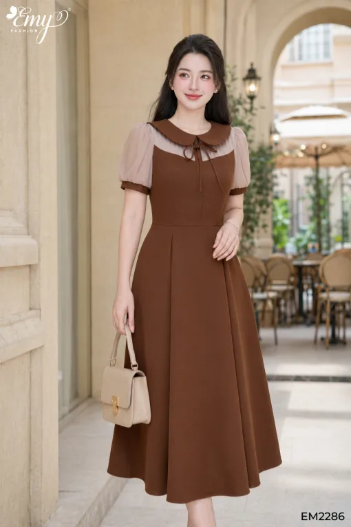 Đầm Xoè A Dạo phố Nâu Phối - EM2286