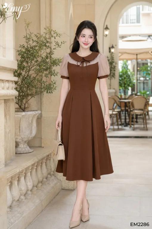 Đầm Xoè A Dạo phố Nâu Phối - EM2286