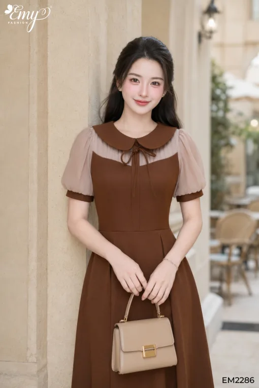 Đầm Xoè A Dạo phố Nâu Phối - EM2286