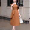 EM4141 Đầm Xoè Bố Chéo Nâu Đất Tay Con