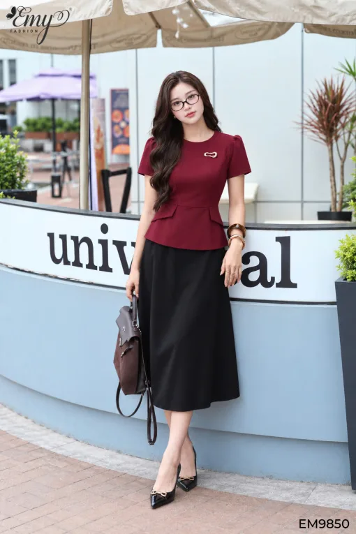 Đầm Peplum Dự tiệc Đỏ Rượu Dáng A EM9850
