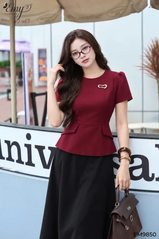 Đầm Peplum Dự tiệc Đỏ Rượu Dáng A EM9850